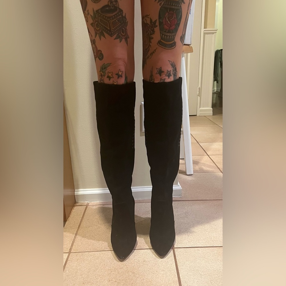Pointy toe, kitten heel, knee high, suede boots